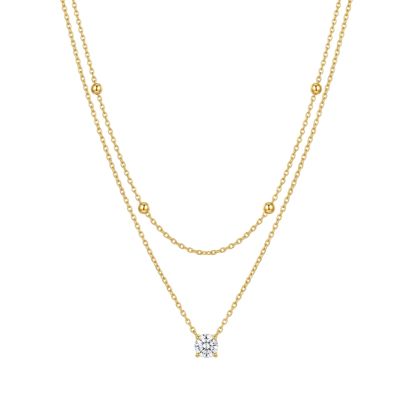 18K Gold Plated Double Layer Satellite & CZ Solitaire Necklace