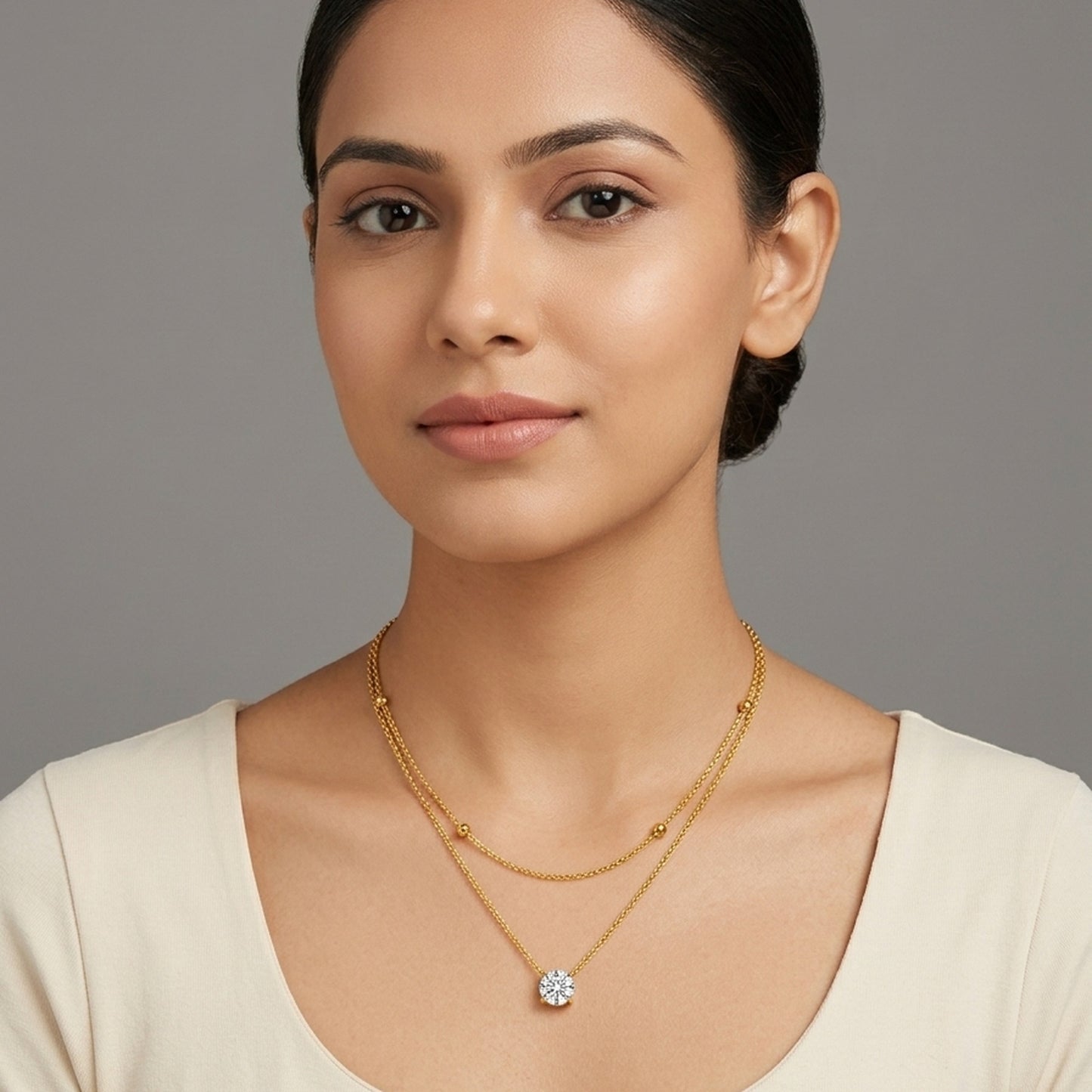 18K Gold Plated Double Layer Satellite & CZ Solitaire Necklace