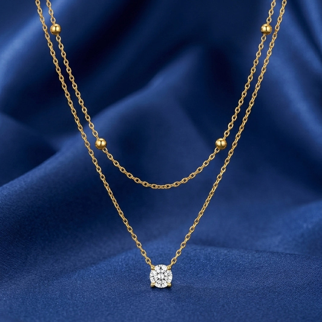 18K Gold Plated Double Layer Satellite & CZ Solitaire Necklace