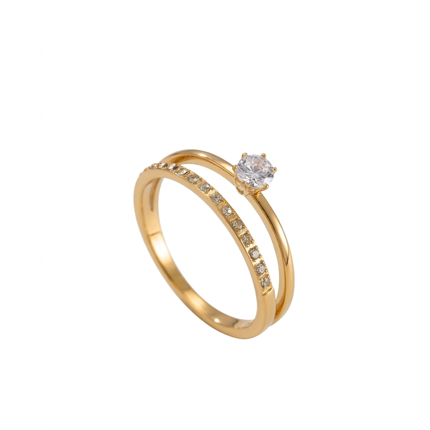 18K Gold Plated Double Band CZ Solitaire & Pave Ring