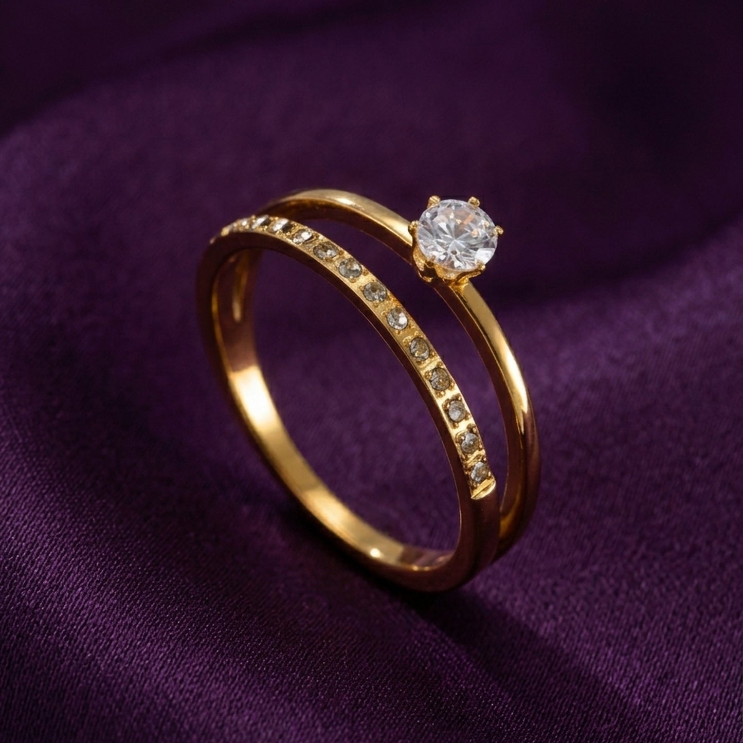 18K Gold Plated Double Band CZ Solitaire & Pave Ring