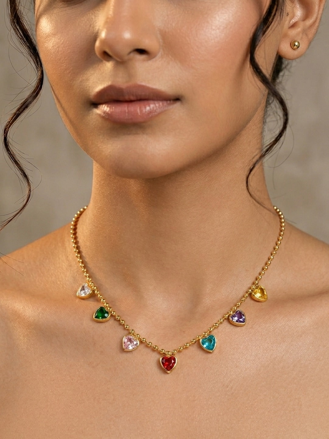Rachiva 18K Gold Plated Rainbow Navratan Gemstone Heart Necklace