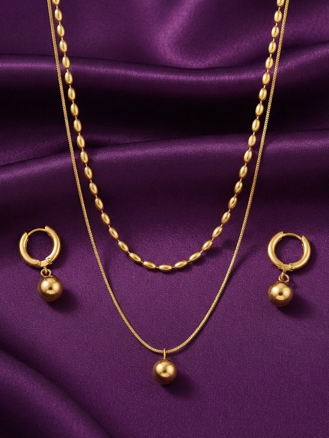 Rachiva 18K Gold Plated Layered Beaded Chain Necklace & Ball Drop Earring Set