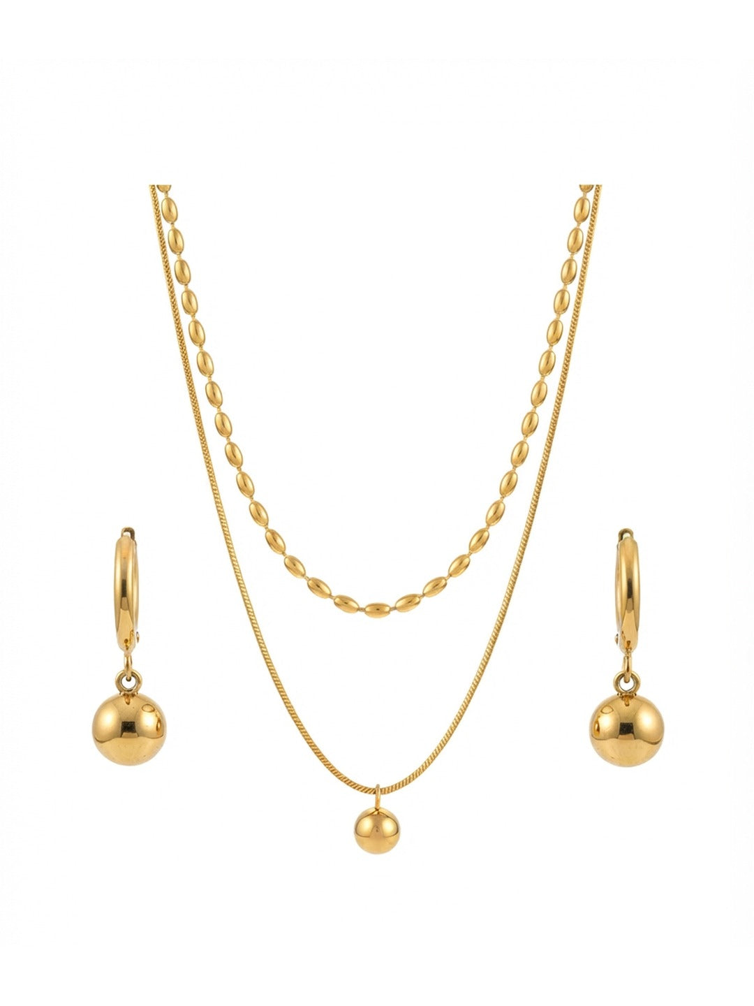 Rachiva 18K Gold Plated Layered Beaded Chain Necklace & Ball Drop Earring Set