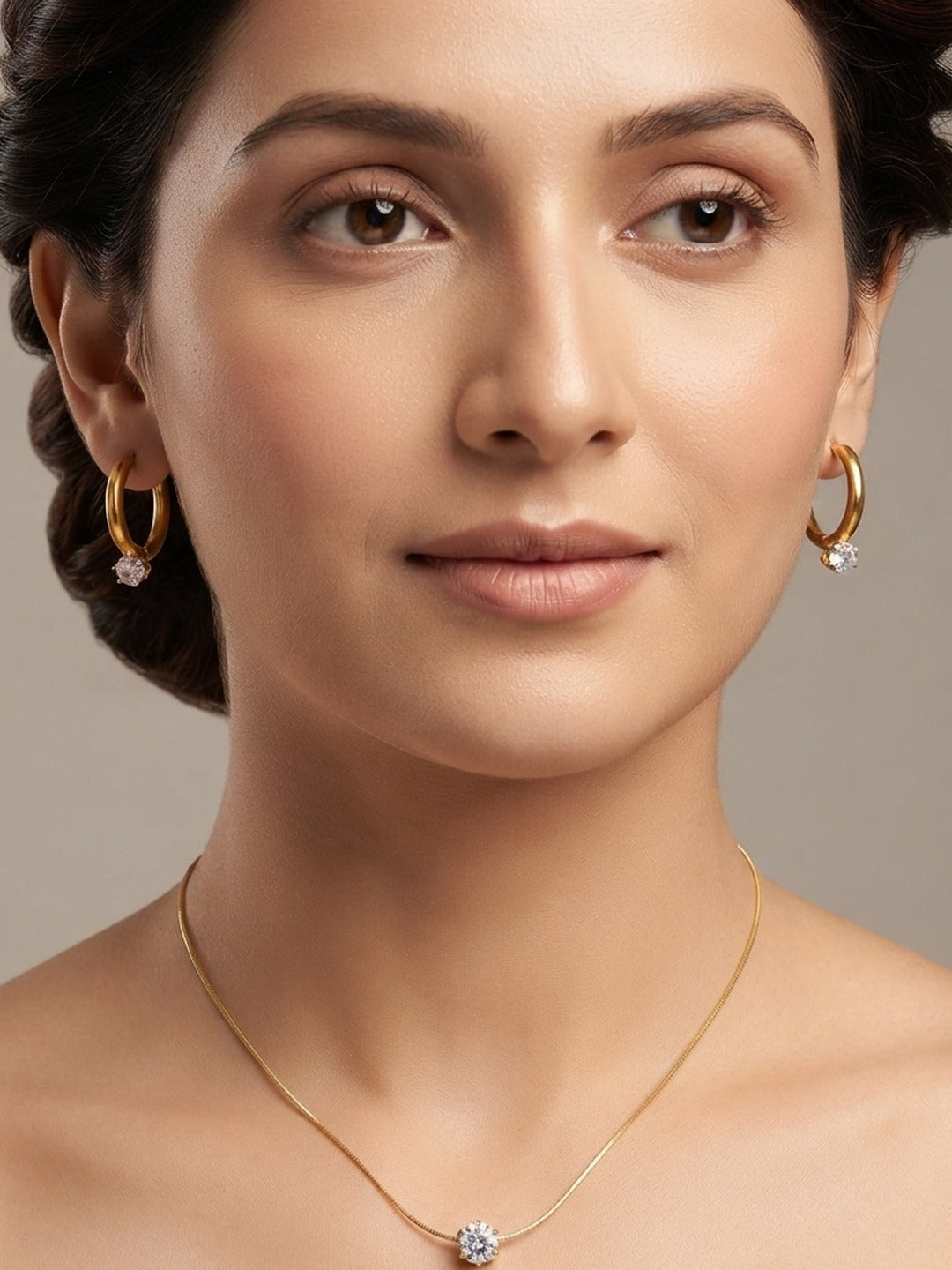 Rachiva 18K Gold Plated CZ Solitaire Pendant Necklace & Hoop Earring Set