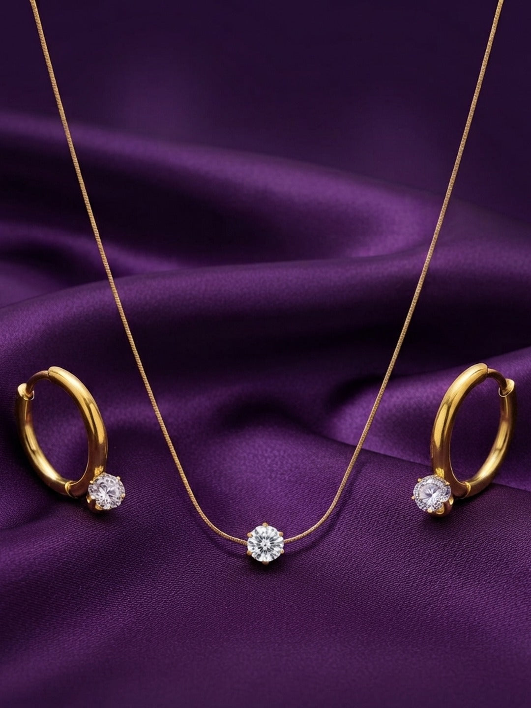 Rachiva 18K Gold Plated CZ Solitaire Pendant Necklace & Hoop Earring Set
