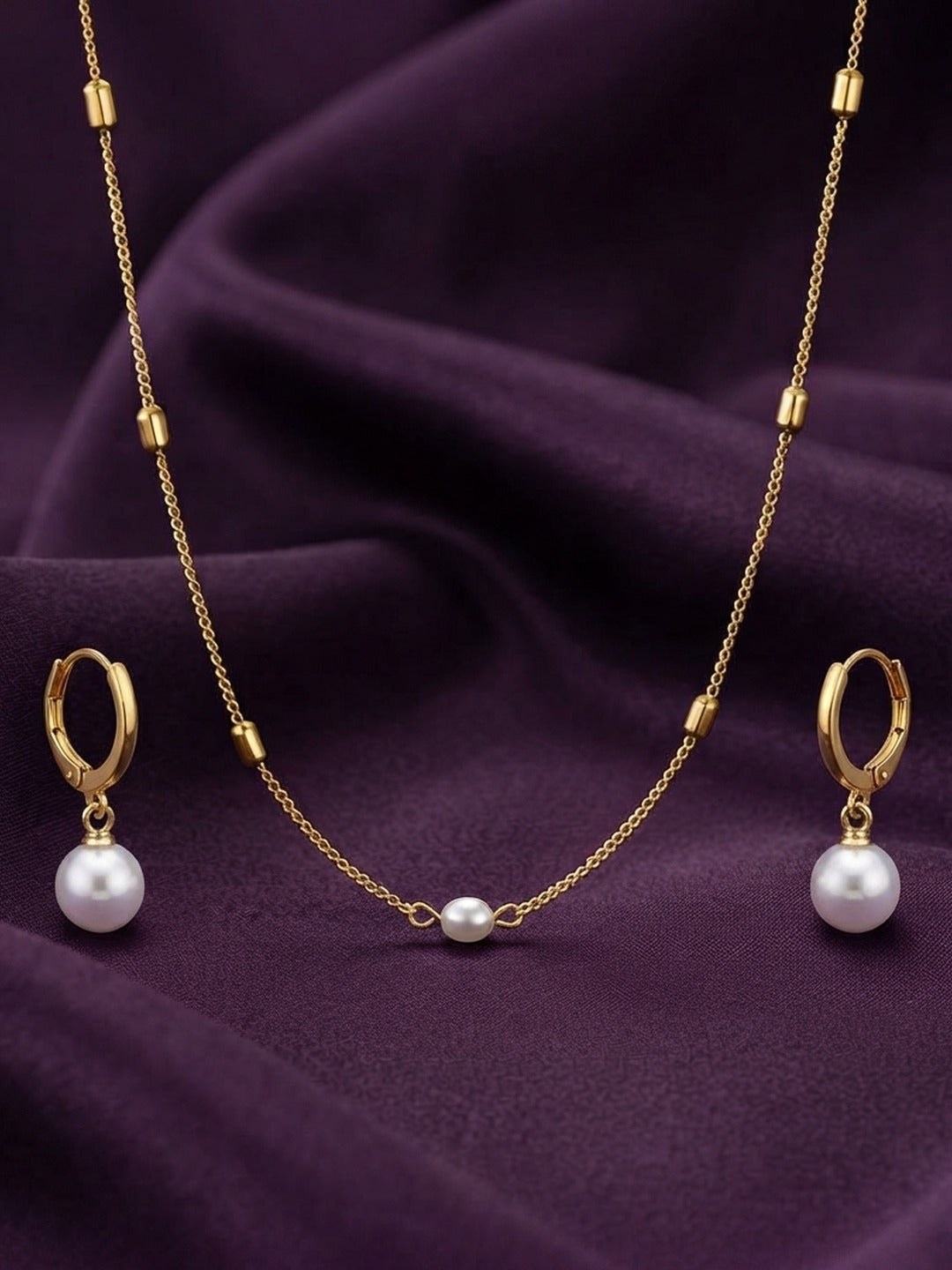 Rachiva 18K Gold Plated Pearl Drop Satellite Chain Necklace & Earring Set