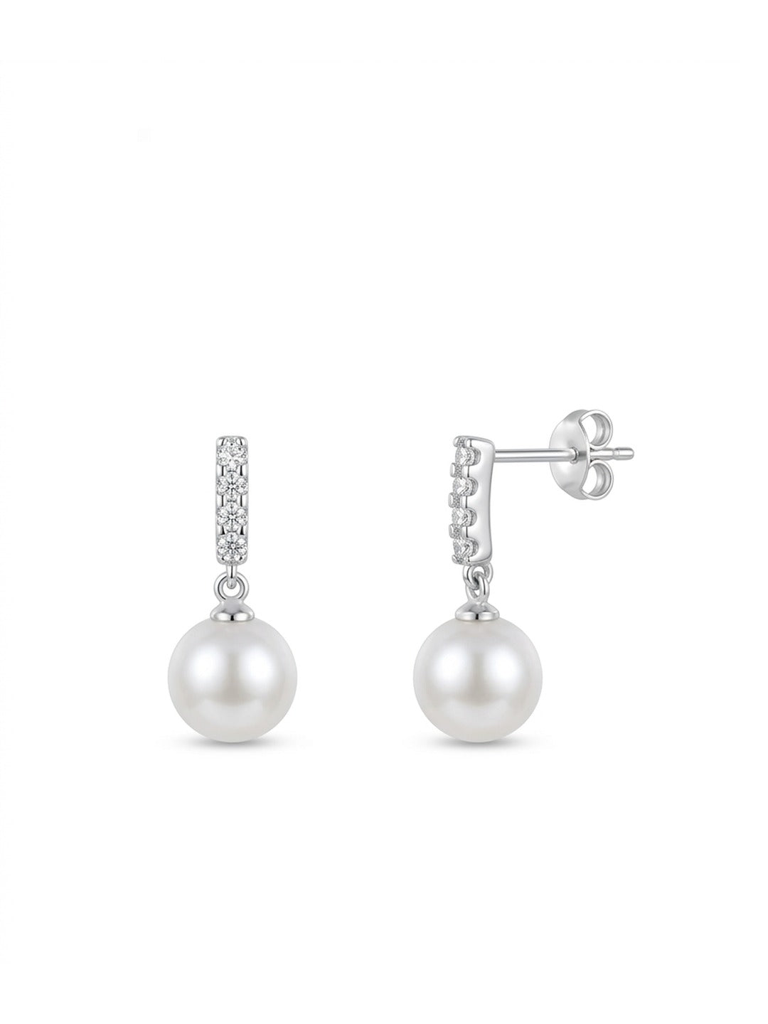 925 Sterling Silver Pearl Drop CZ Bar Earrings