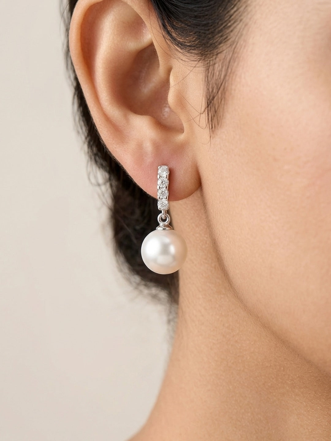 925 Sterling Silver Pearl Drop CZ Bar Earrings
