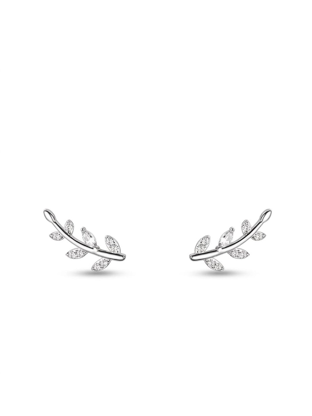 925 Sterling Silver Rhodium Plated Leaf Bird Climber Earrings
