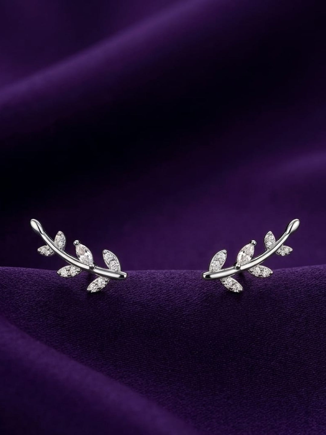 925 Sterling Silver Rhodium Plated Leaf Bird Climber Earrings