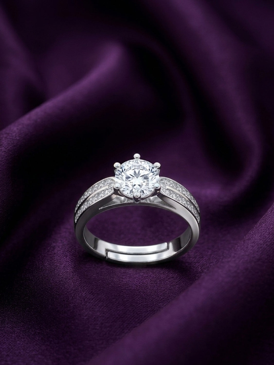 925 Sterling Silver Round CZ Solitaire Ring with Pave Shoulders
