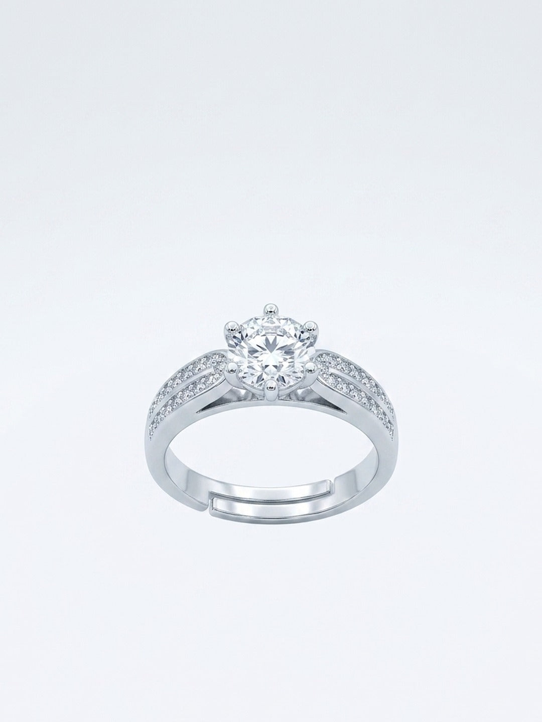 925 Sterling Silver Round CZ Solitaire Ring with Pave Shoulders
