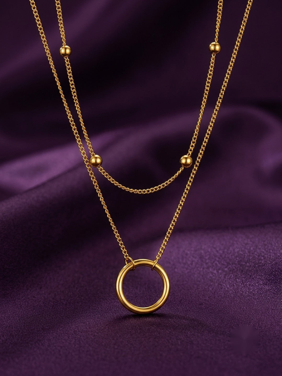 18K Gold Plated Layered Ball Station Circle Pendant Necklace
