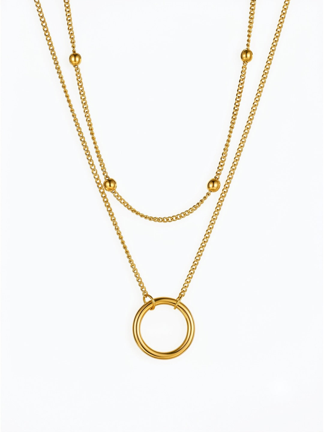 18K Gold Plated Layered Ball Station Circle Pendant Necklace