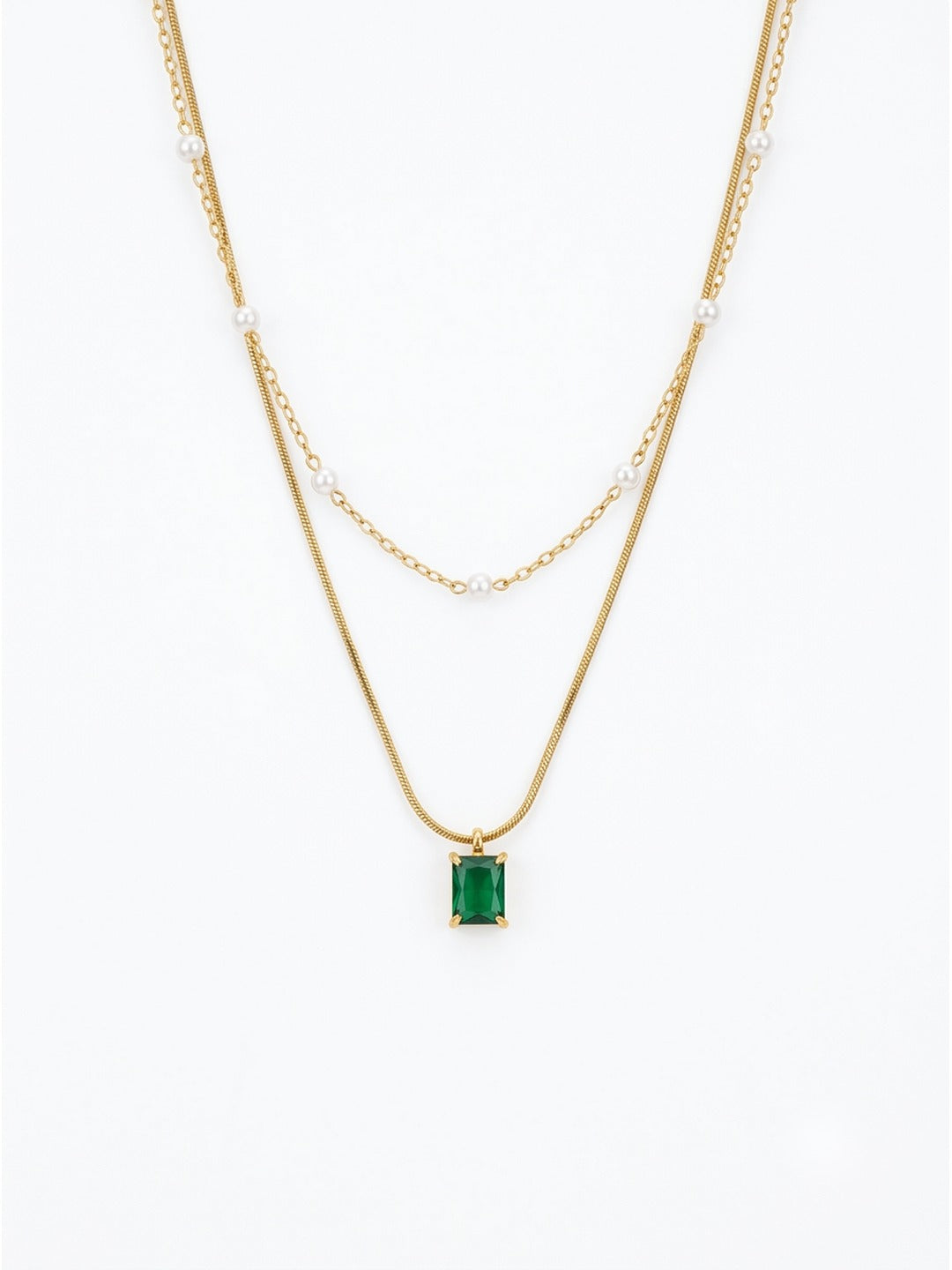 18K Gold Plated Layered Pearl and Emerald Pendant Necklace
