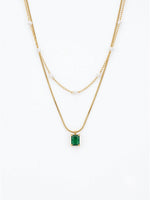 18K Gold Plated Layered Pearl and Emerald Pendant Necklace