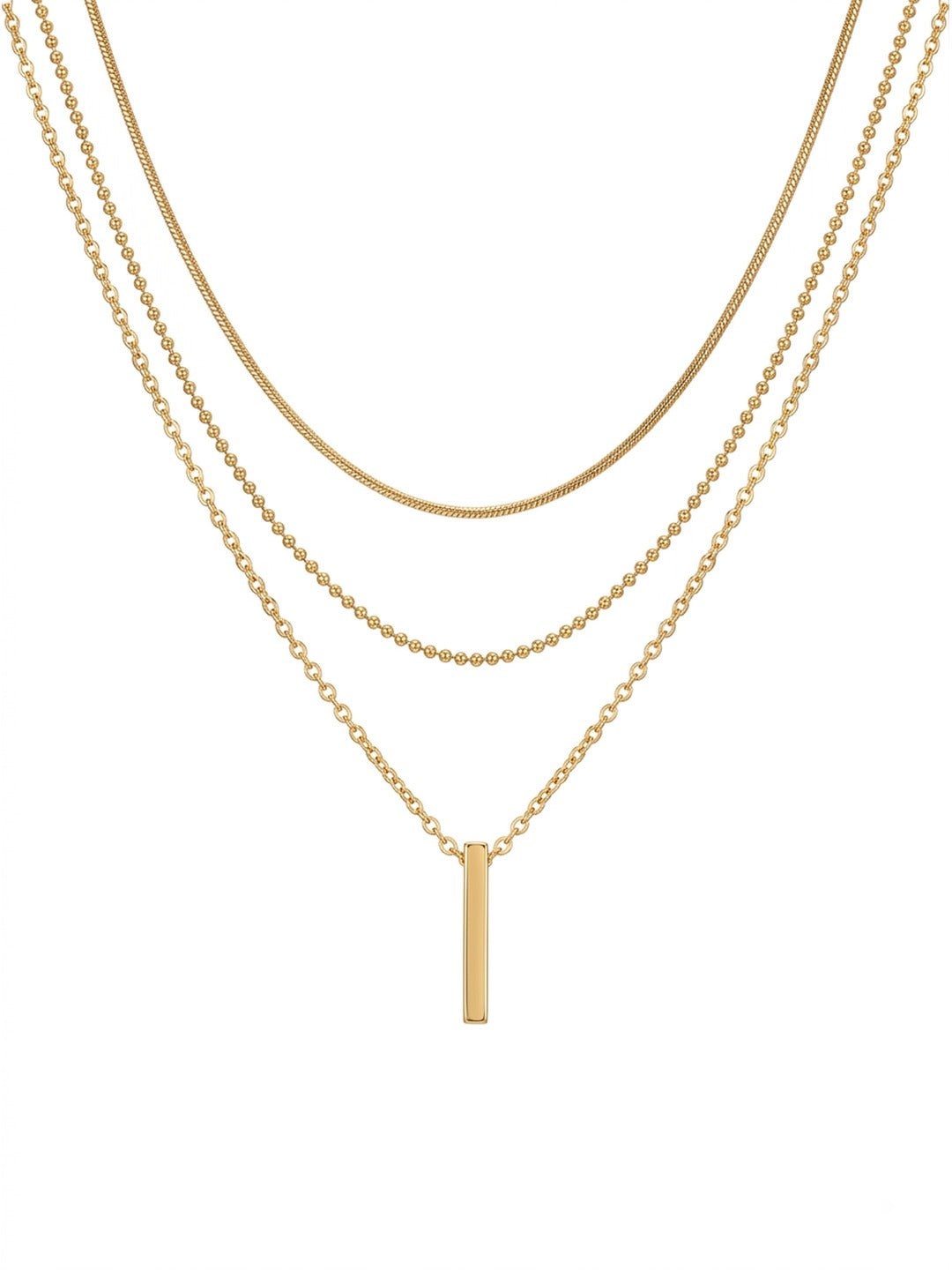 18K Gold Plated Triple Chain Bar Pendant Necklace