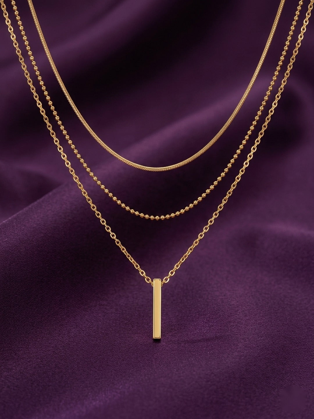 18K Gold Plated Triple Chain Bar Pendant Necklace