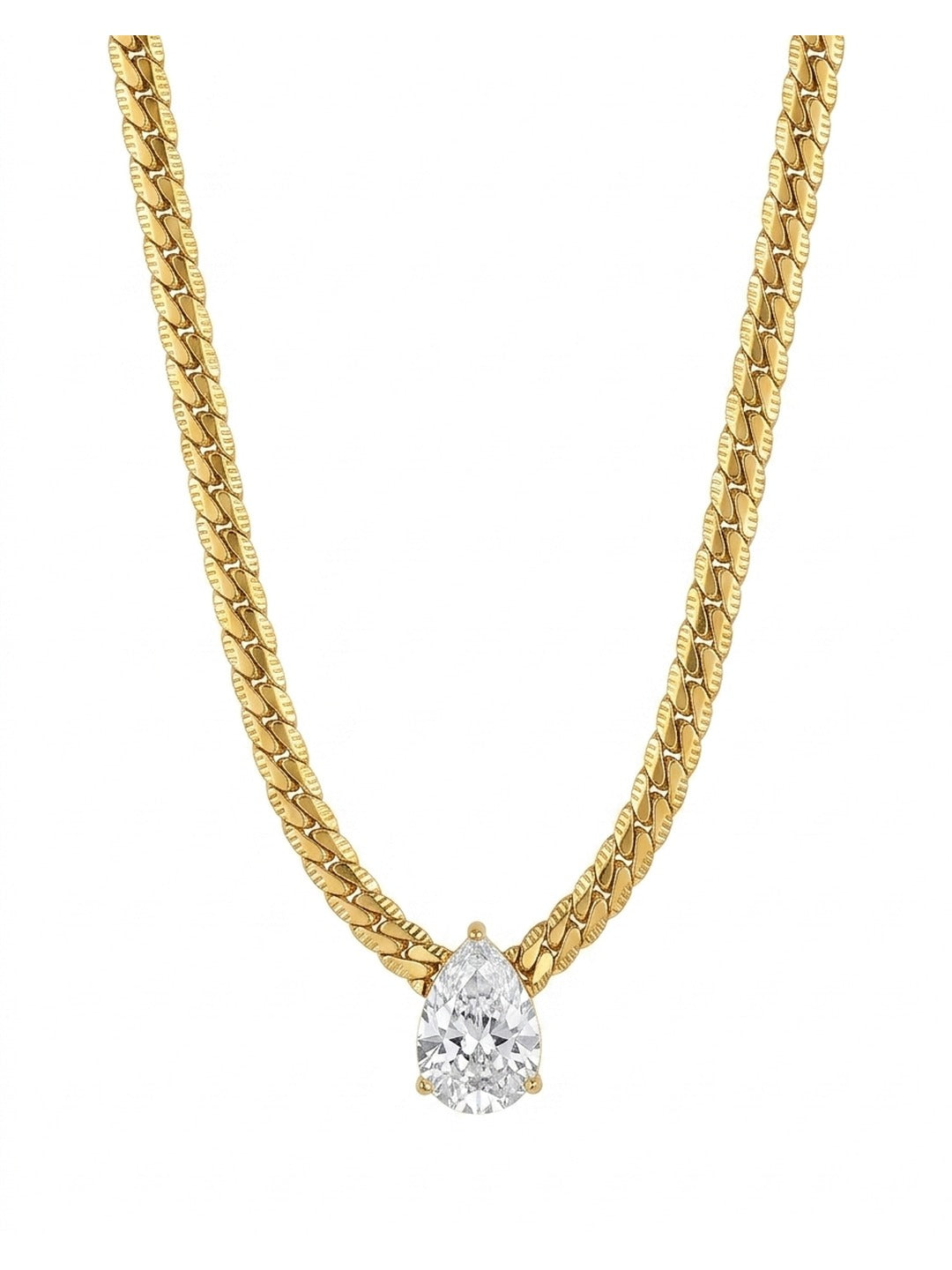 18K Gold Plated Curb Chain Pear Solitaire Necklace