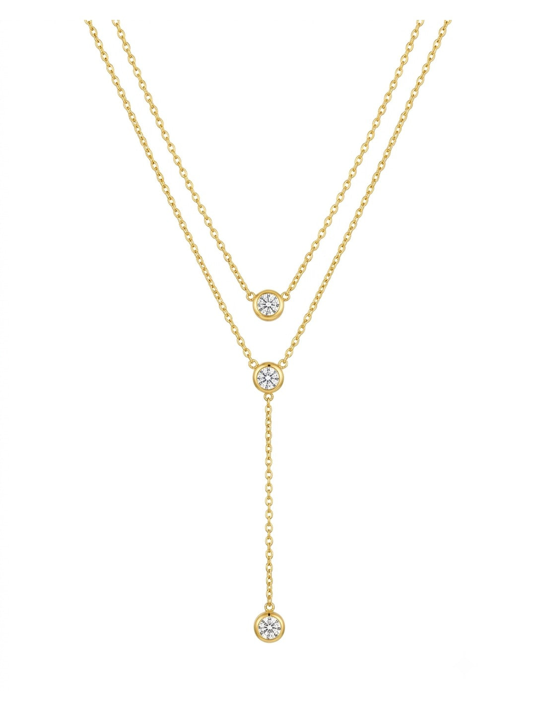 18K Gold Plated Double Bezel CZ Lariat Necklace