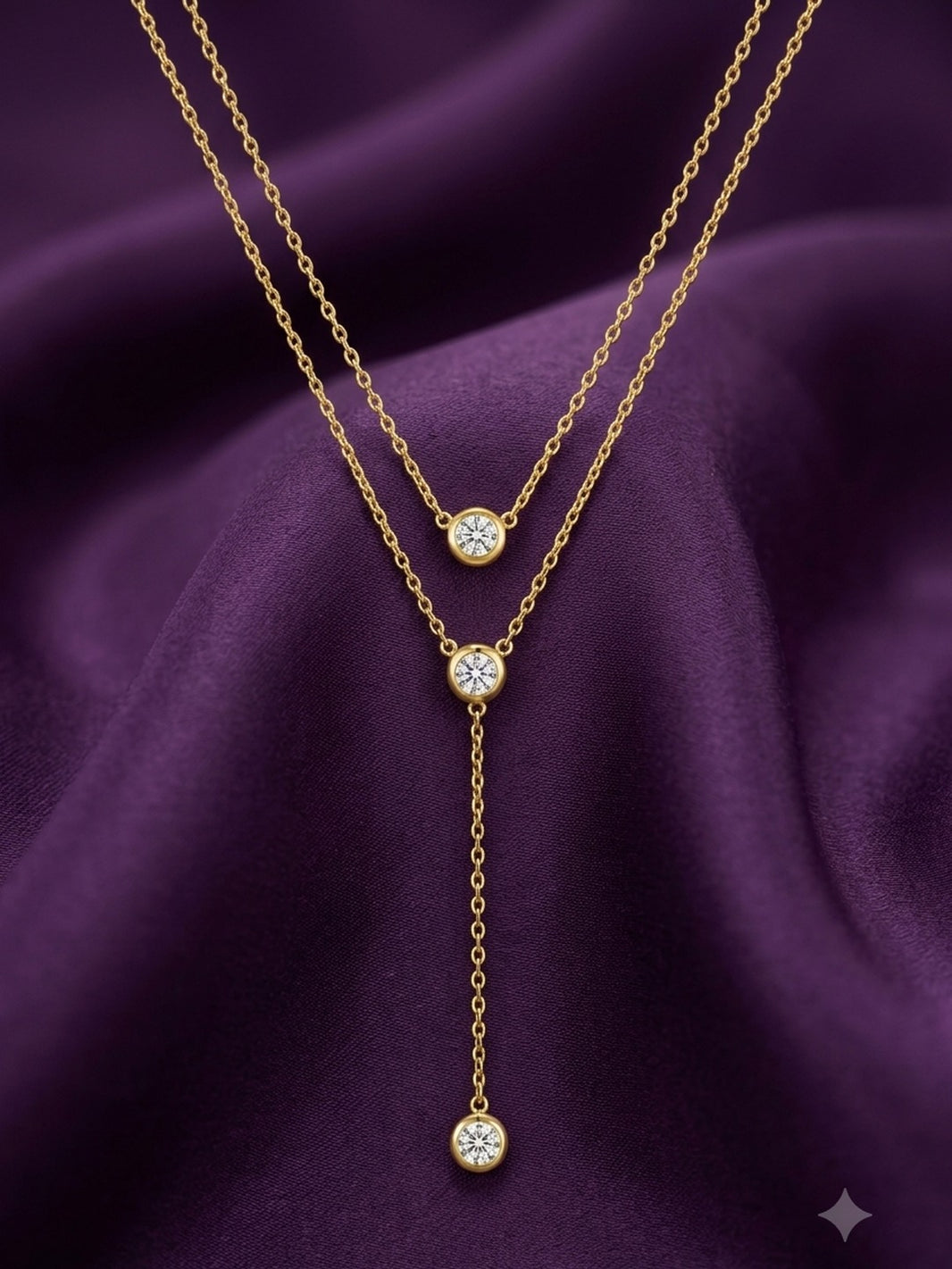 18K Gold Plated Double Bezel CZ Lariat Necklace