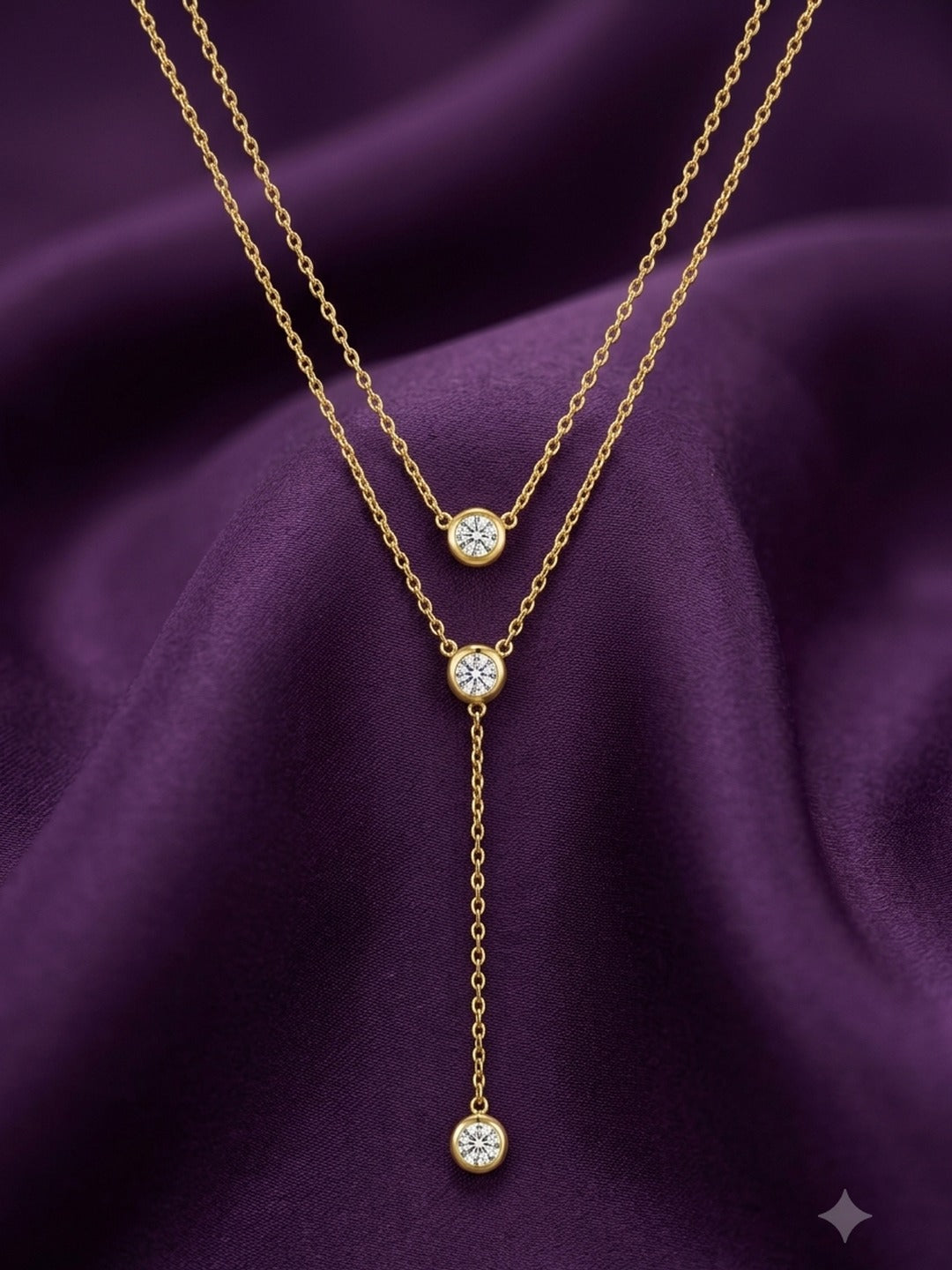 18K Gold Plated Double Bezel CZ Lariat Necklace