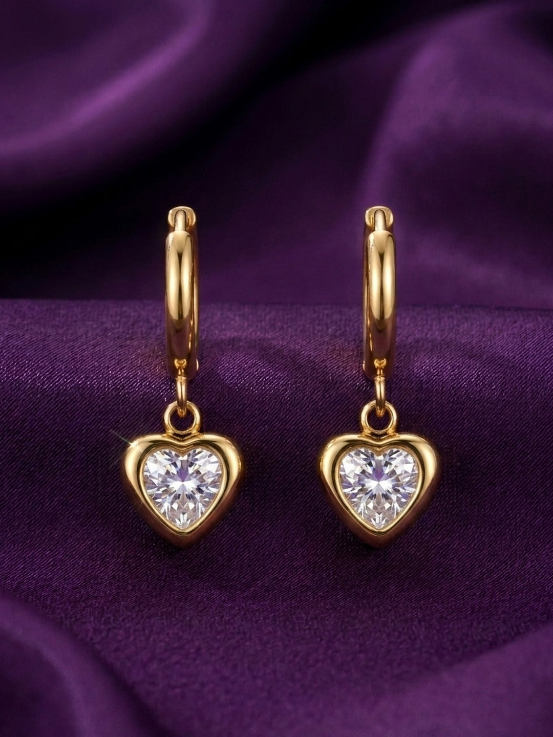 18K Gold Plated CZ Heart Charm Huggie Earrings