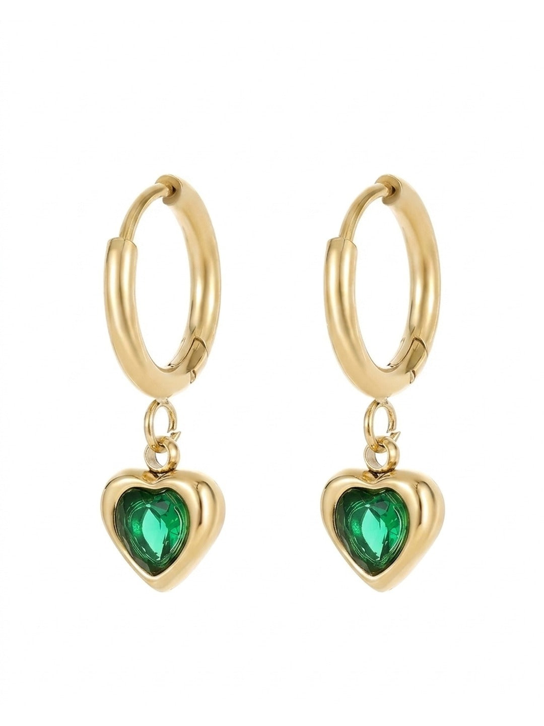 18K Gold Plated Emerald CZ Heart Charm Huggie Earrings