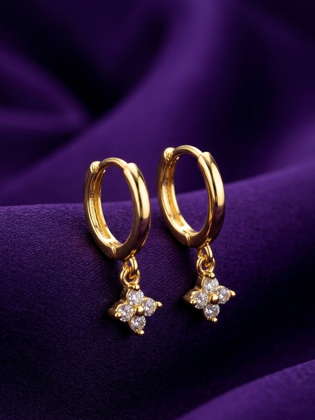 18K Gold Plated Four Petal CZ Flower Huggie Earrings