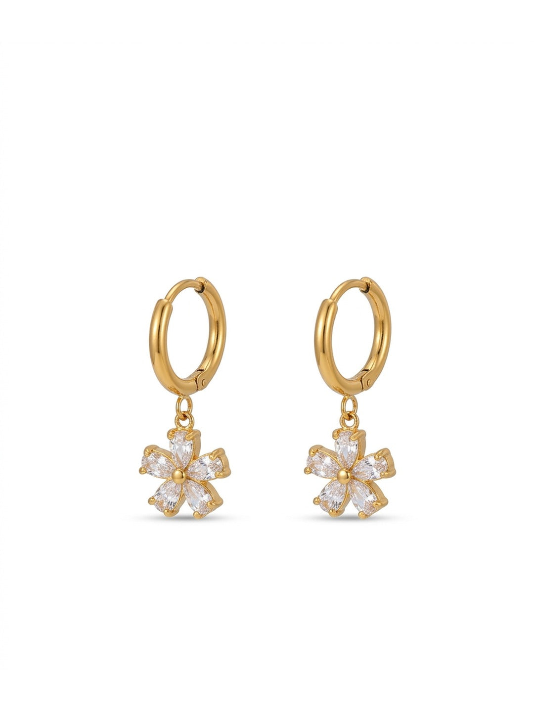 18K Gold Plated Six Petal CZ Flower Charm Huggie Earrings
