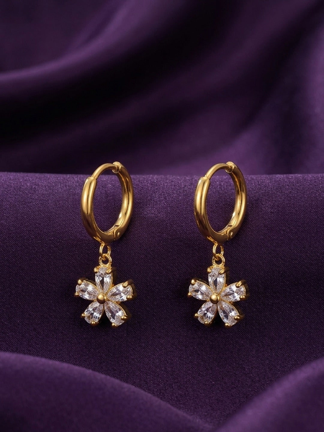 18K Gold Plated Six Petal CZ Flower Charm Huggie Earrings