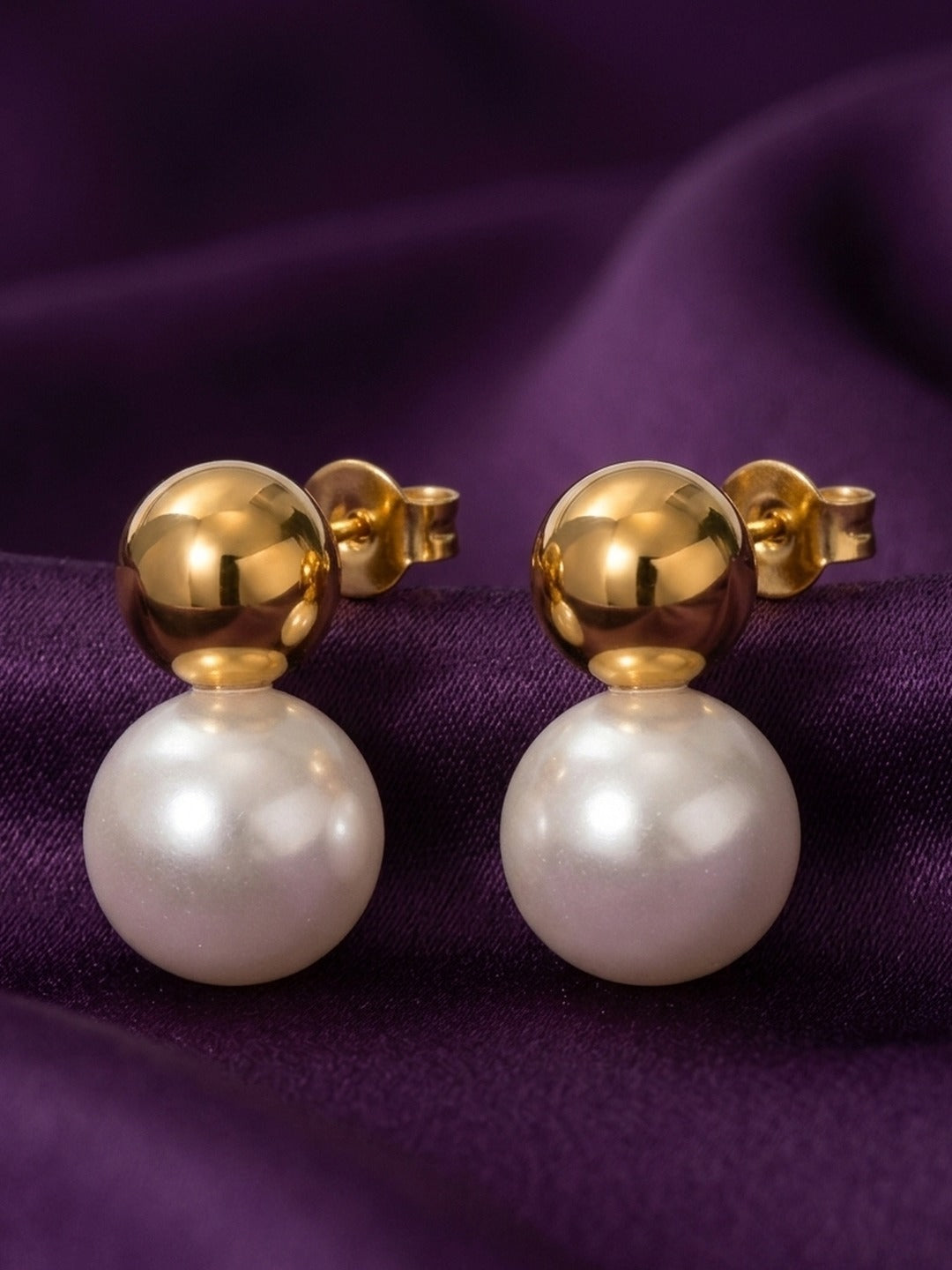 18K Gold Plated Pearl Ball Drop Stud Earrings