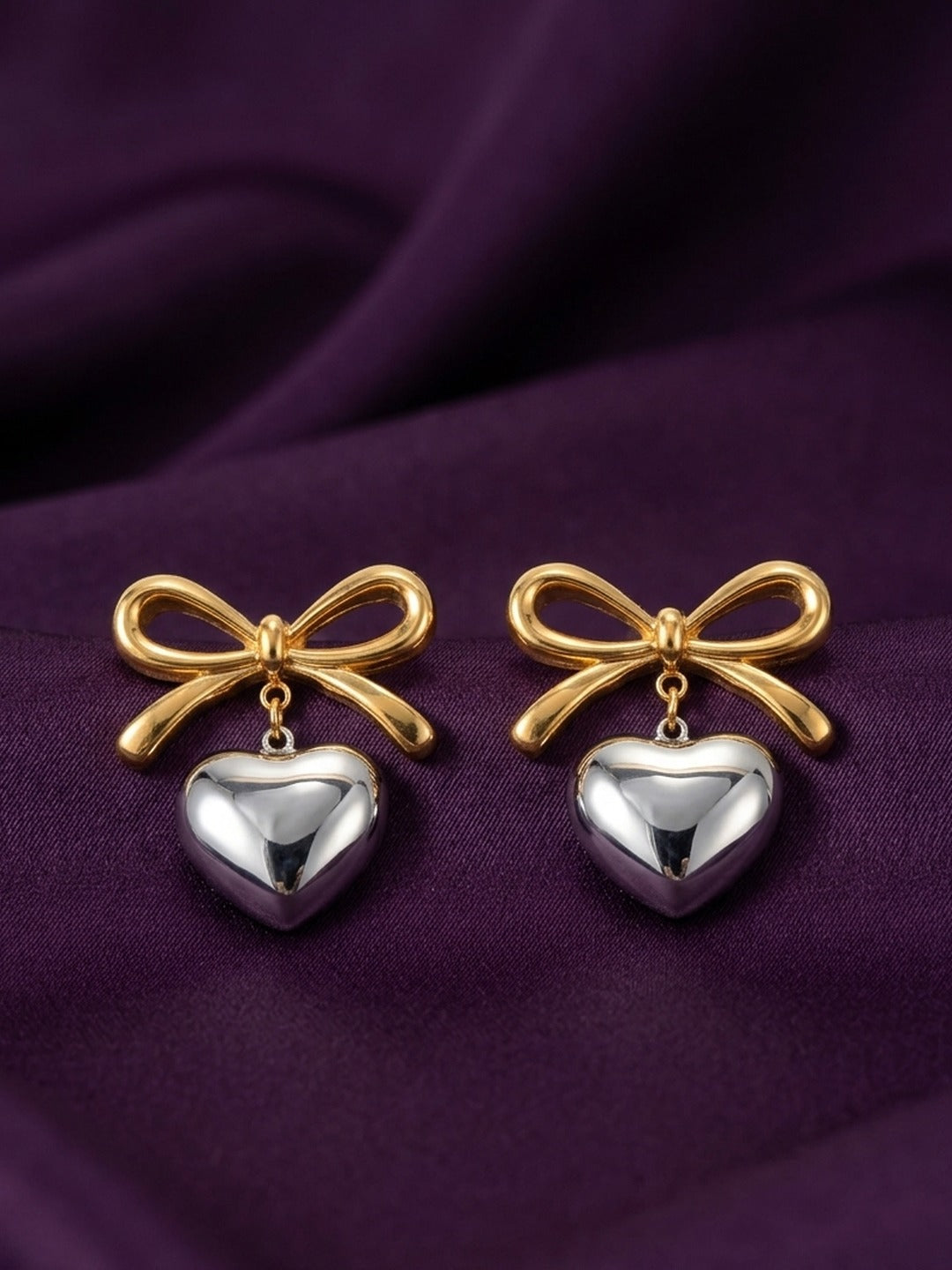 18K Gold Plated Bow CZ Heart Charm Stud Earrings