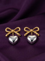 18K Gold Plated Bow CZ Heart Charm Stud Earrings