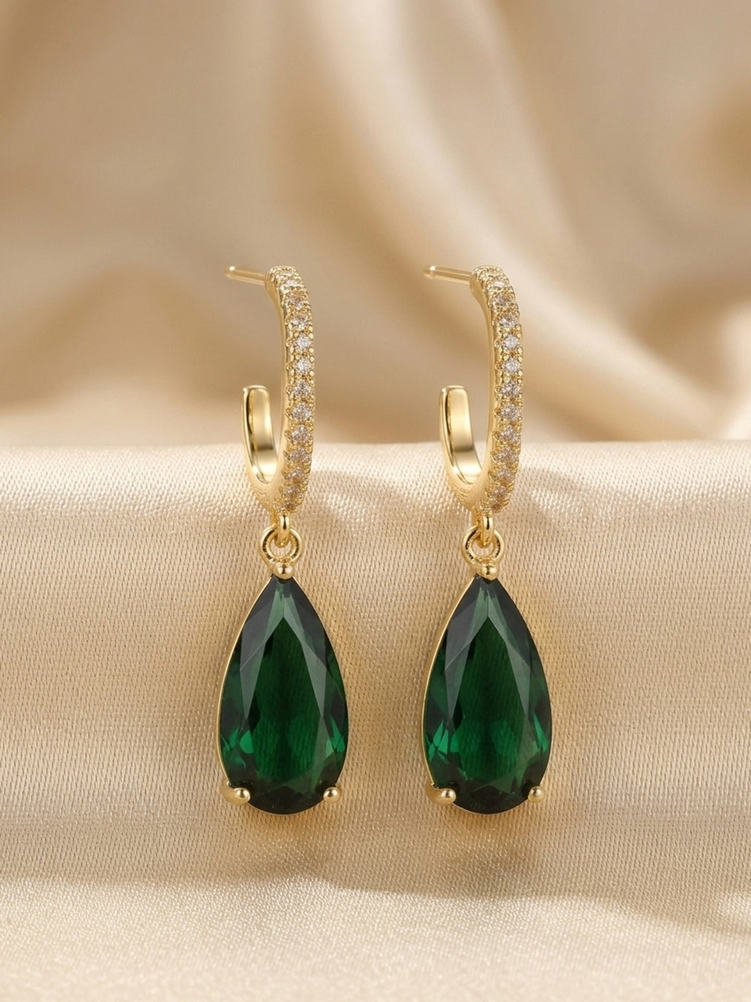 18K Gold Plated Pave CZ Emerald Teardrop Hoop Earrings