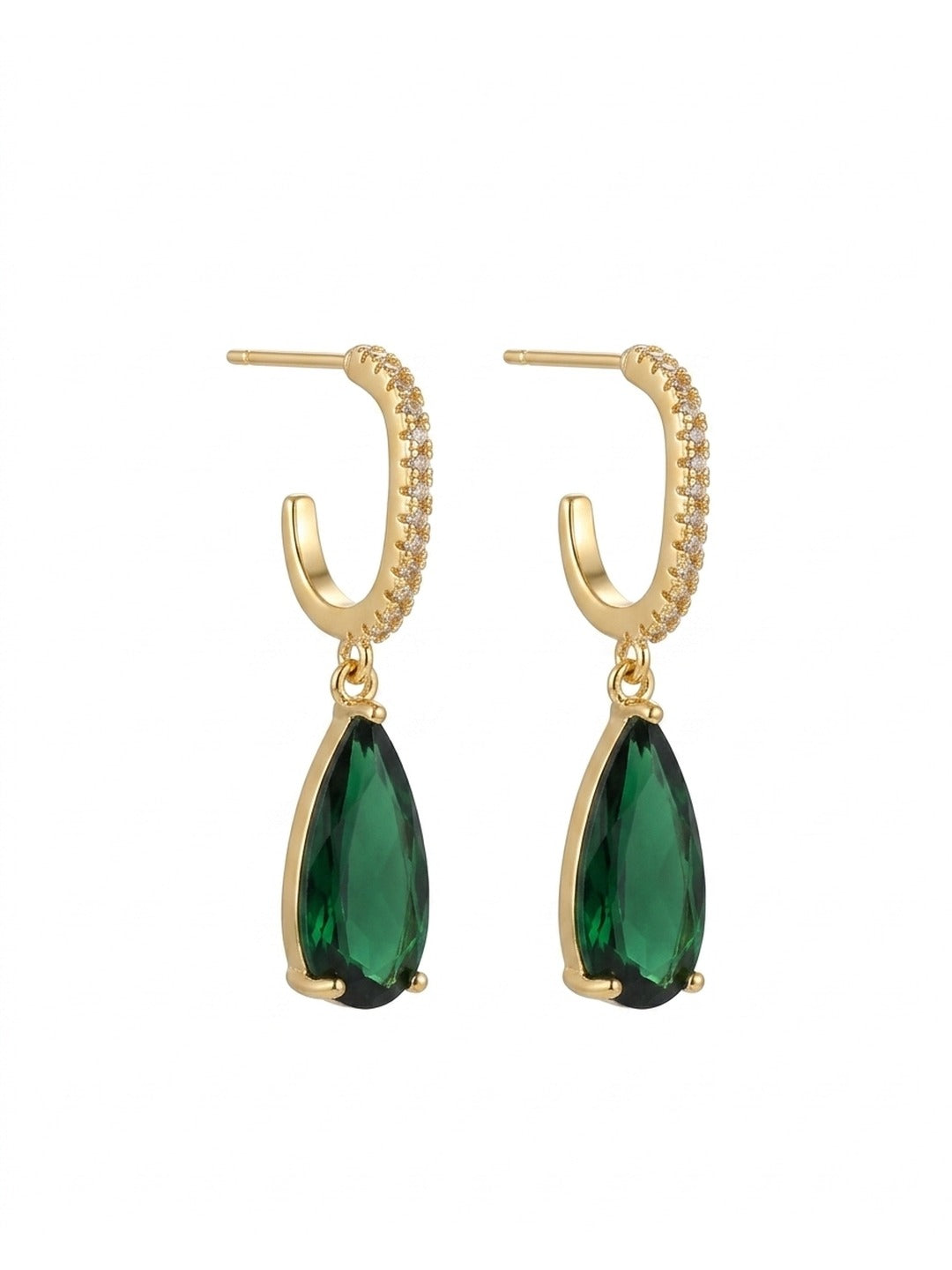 18K Gold Plated Pave CZ Emerald Teardrop Hoop Earrings