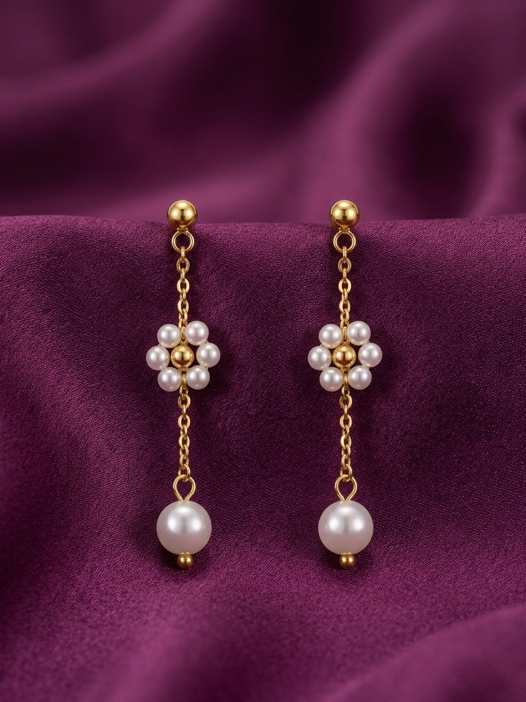 18K Gold Plated Pearl Flower Chain Drop Earrings