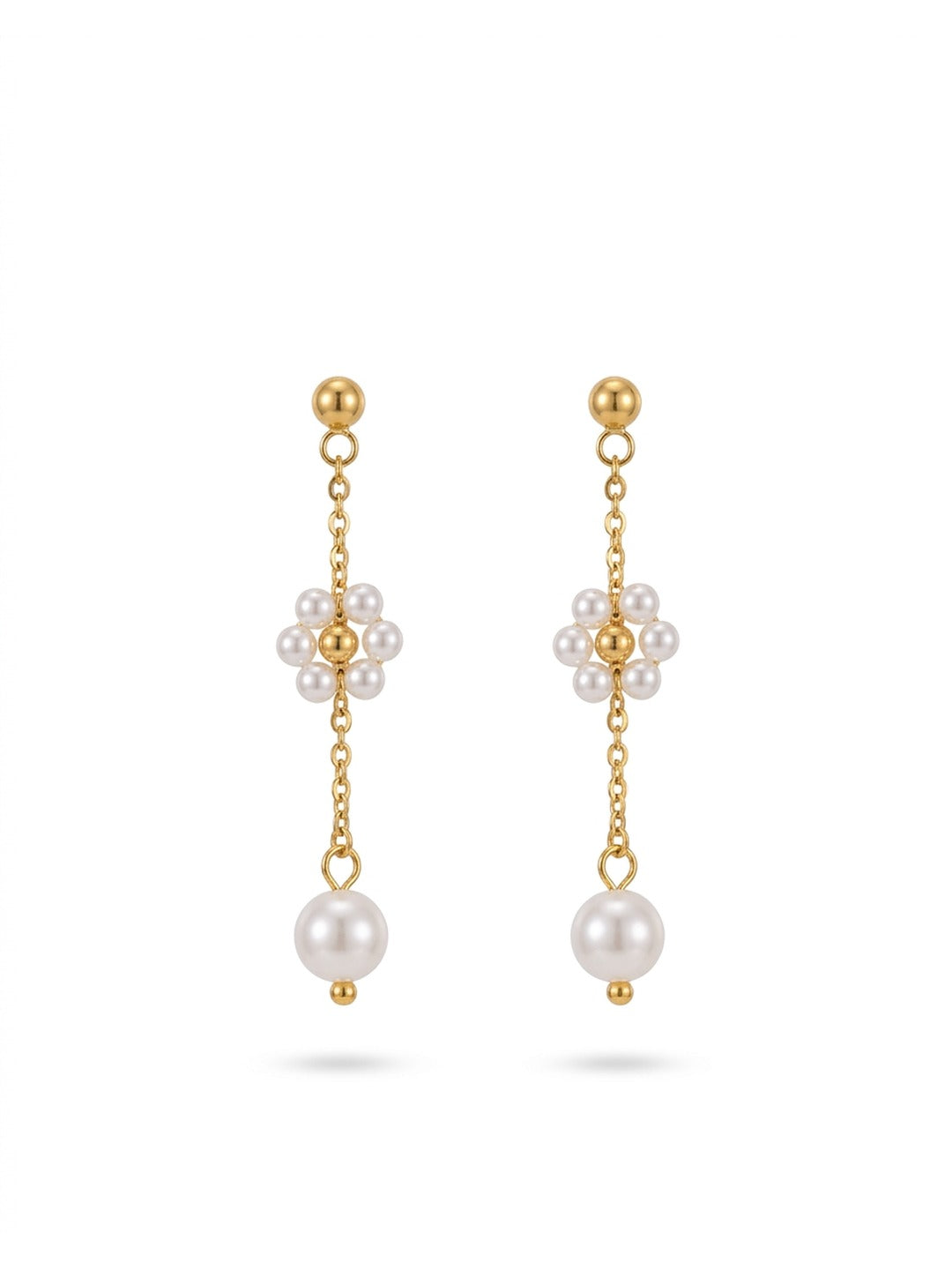 18K Gold Plated Pearl Flower Chain Drop Earrings