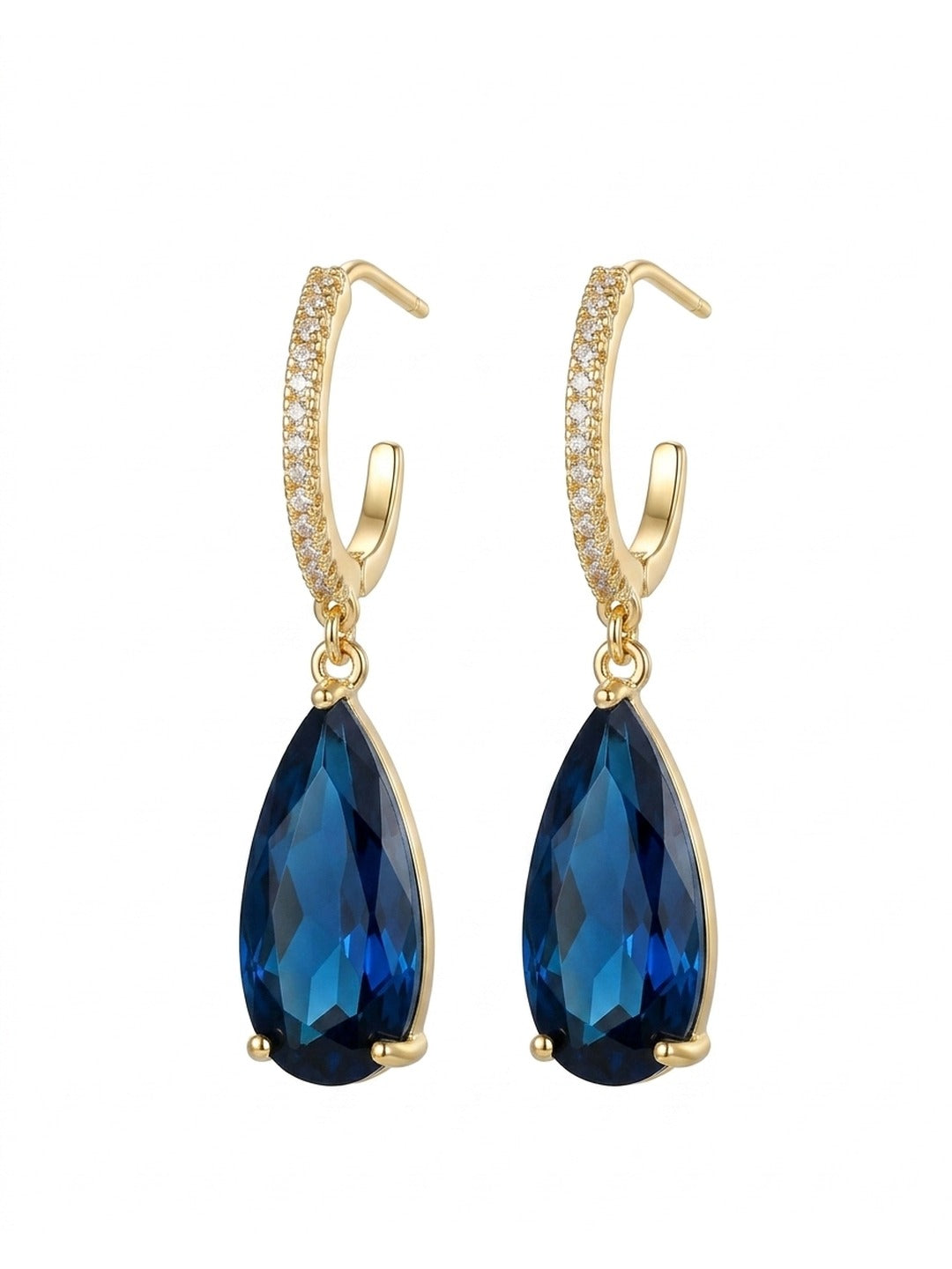 18K Gold Plated Pave CZ Sapphire Teardrop Hoop Earrings