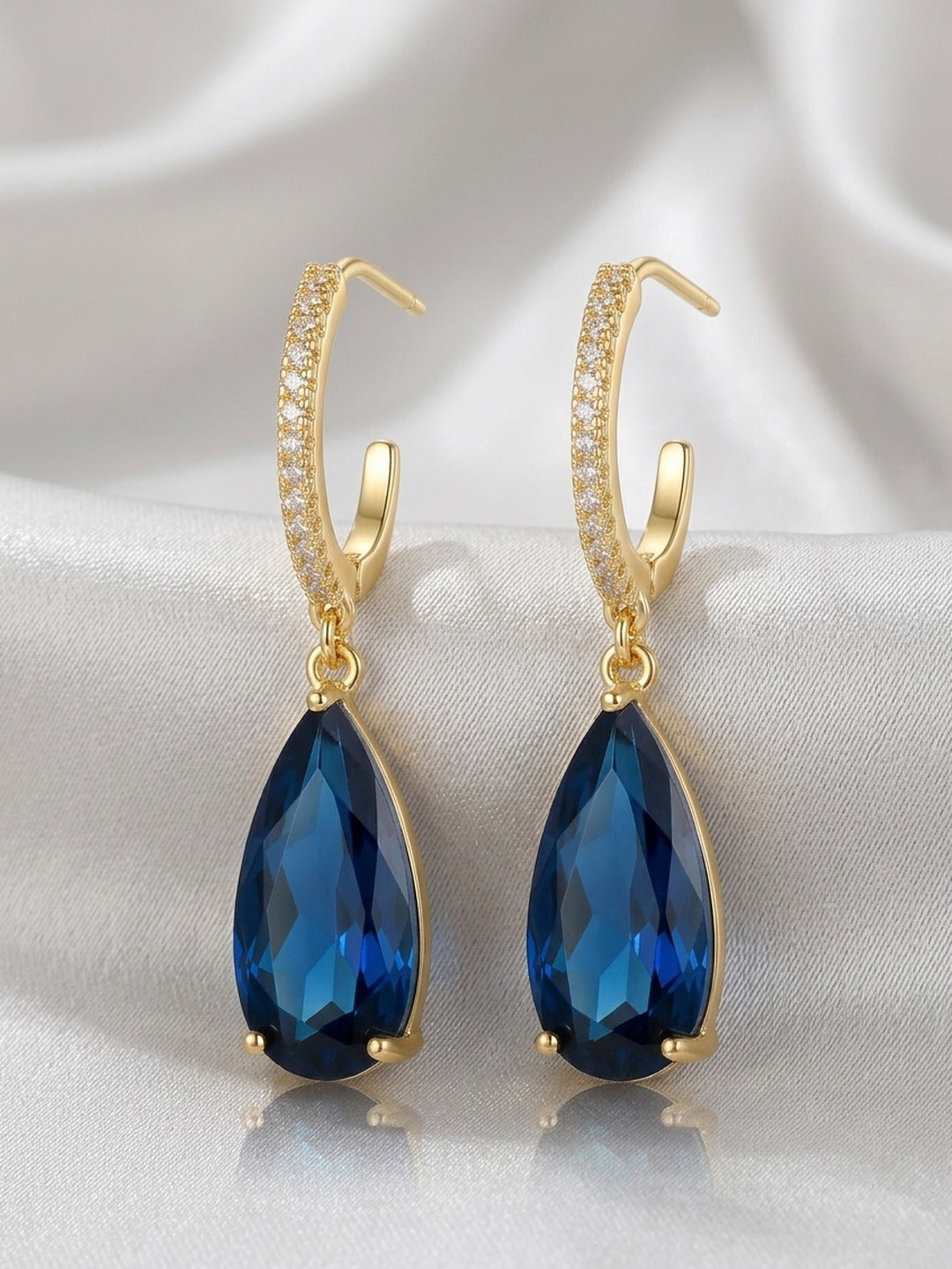 18K Gold Plated Pave CZ Sapphire Teardrop Hoop Earrings