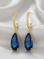 18K Gold Plated Pave CZ Sapphire Teardrop Hoop Earrings