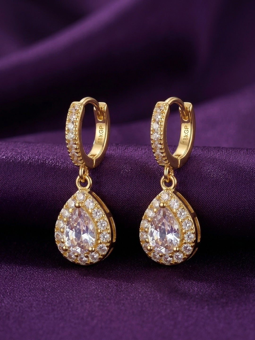 18K Gold Plated Pave CZ Halo Teardrop Huggie Earrings