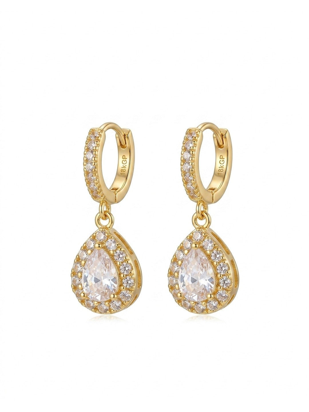 18K Gold Plated Pave CZ Halo Teardrop Huggie Earrings