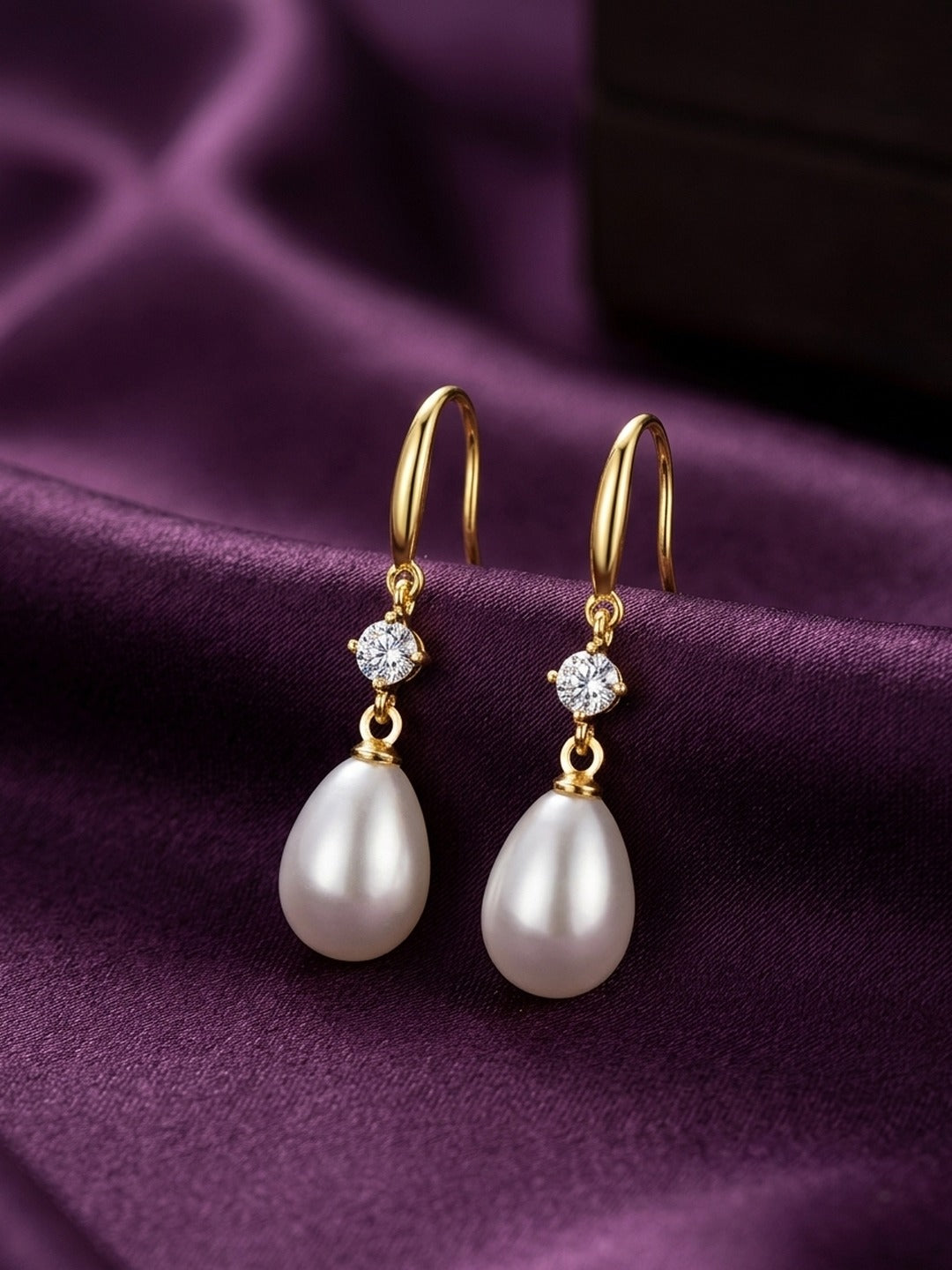 18K Gold Plated CZ Stud Pearl Teardrop Hook Earrings