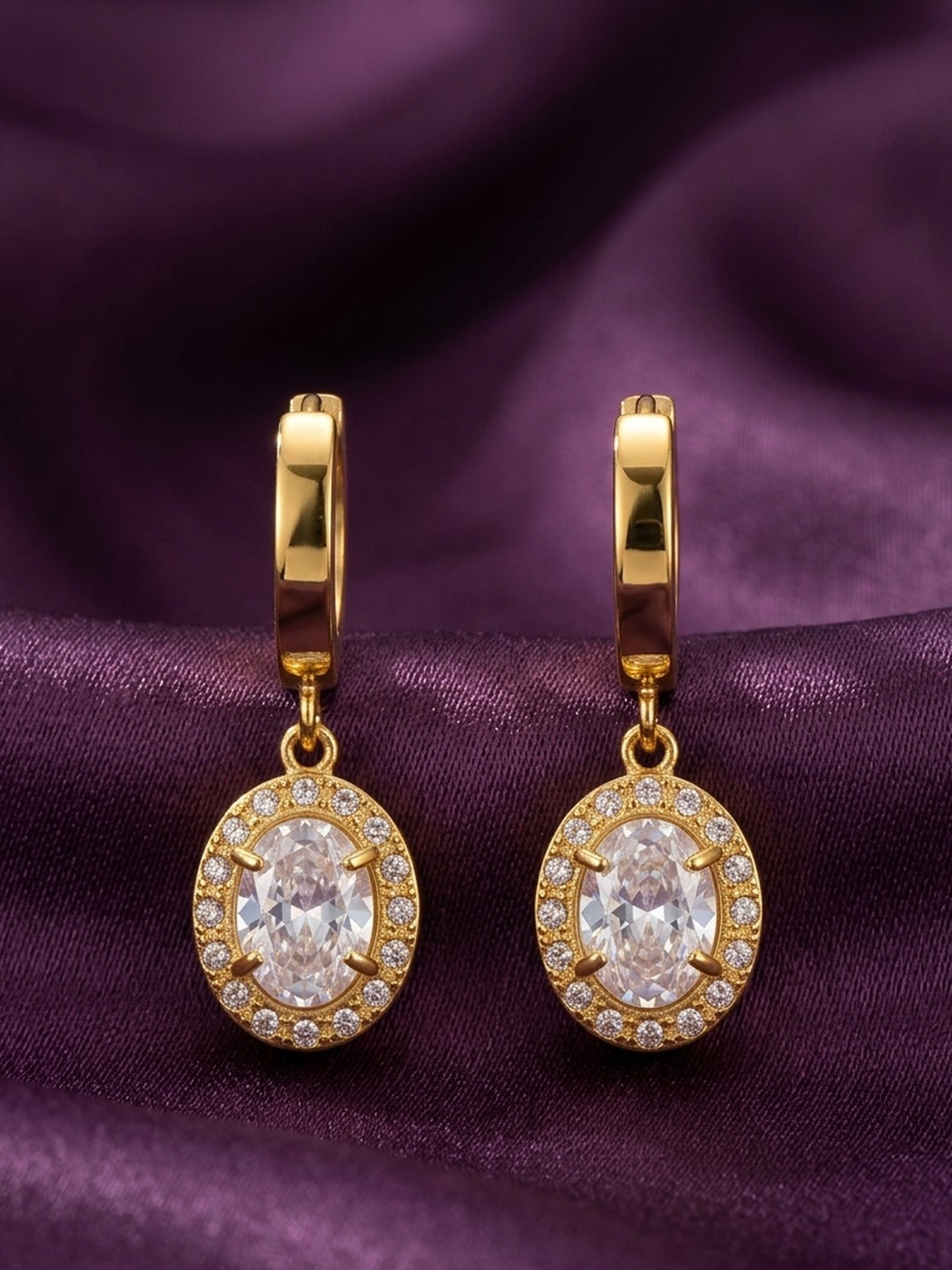 18K Gold Plated CZ Halo Drop Huggie Hoop Earrings