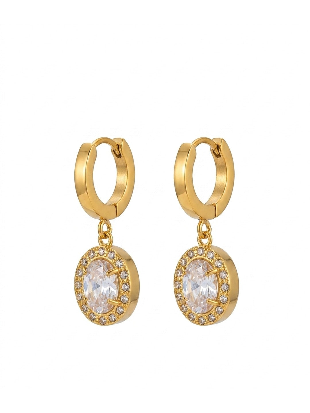 18K Gold Plated CZ Halo Drop Huggie Hoop Earrings