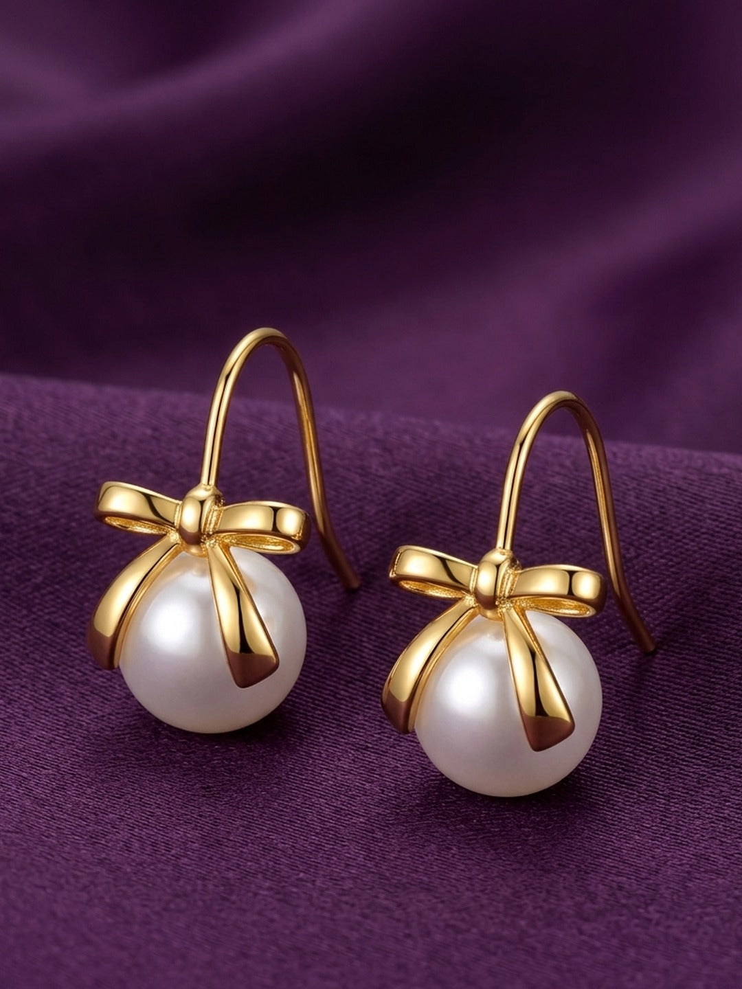 18K Gold Plated Bow Pearl Drop Hook Earrings