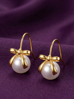 18K Gold Plated Bow Pearl Drop Hook Earrings
