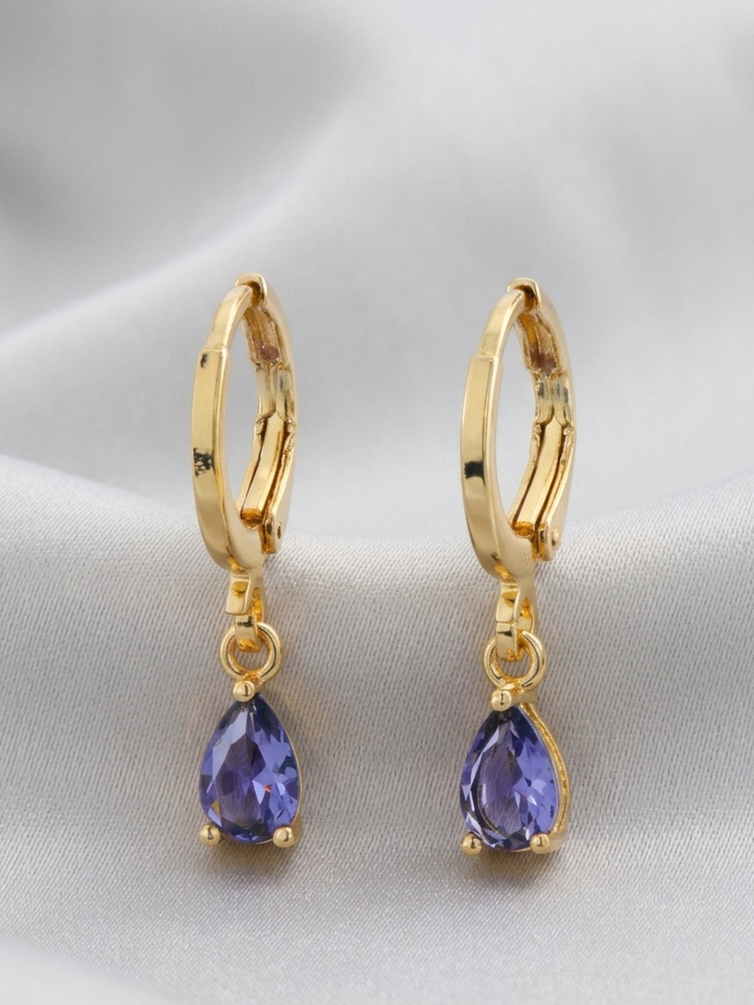 18K Gold Plated Purple CZ Teardrop Drop Huggie Earrings